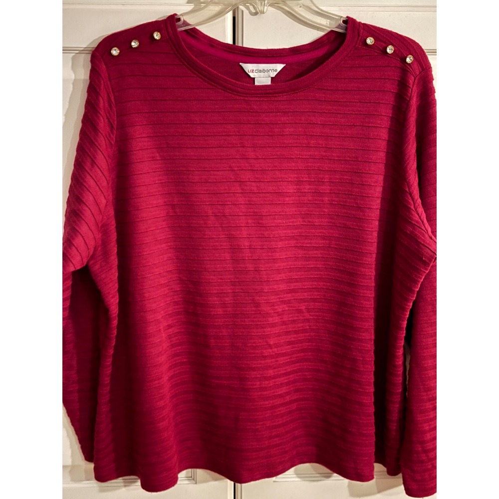 Liz Claiborne Womens Plusโ Size 1X Crimson Ribbed Knit Crew Neck Long Sleeve Top